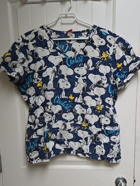 Snoopy & Woodstock Blue Cartoon Print Nurse Scrub Top Shirt Short Sleeve